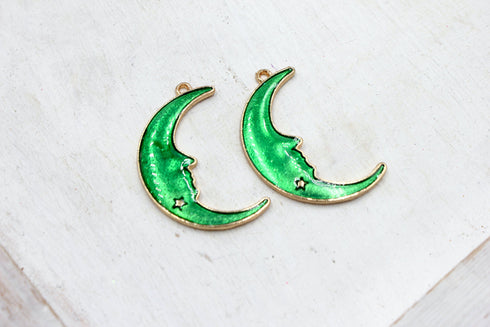 half moon, gold plated charm, moon charms, green enamel, mixed metal, 32mm x 20mm, hole 1.5mm, sold as 2 pieces.